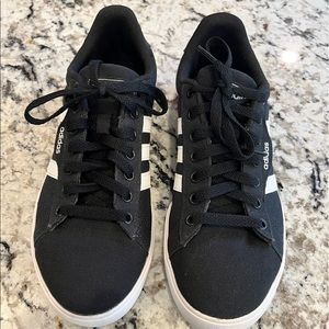 Adidas Sneakers black  w white stripes boys sz 6 = womans size 7